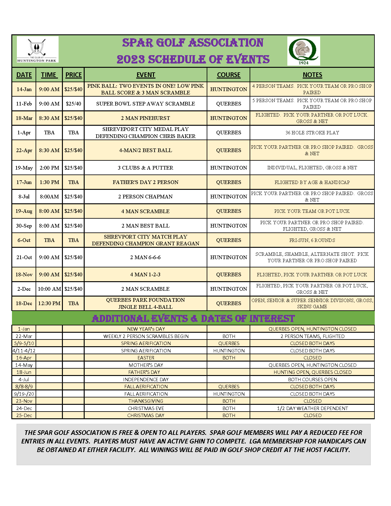 2023 Schedule of Events – Spar Golf Courses